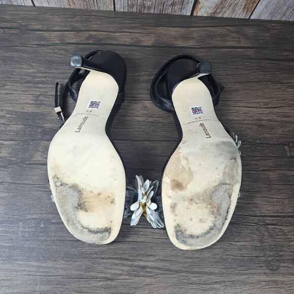 Larroudé Black Leather Floral Daisy Fiore Heel Sandals Women's Sz 6.5 (READ) - Picture 10 of 13